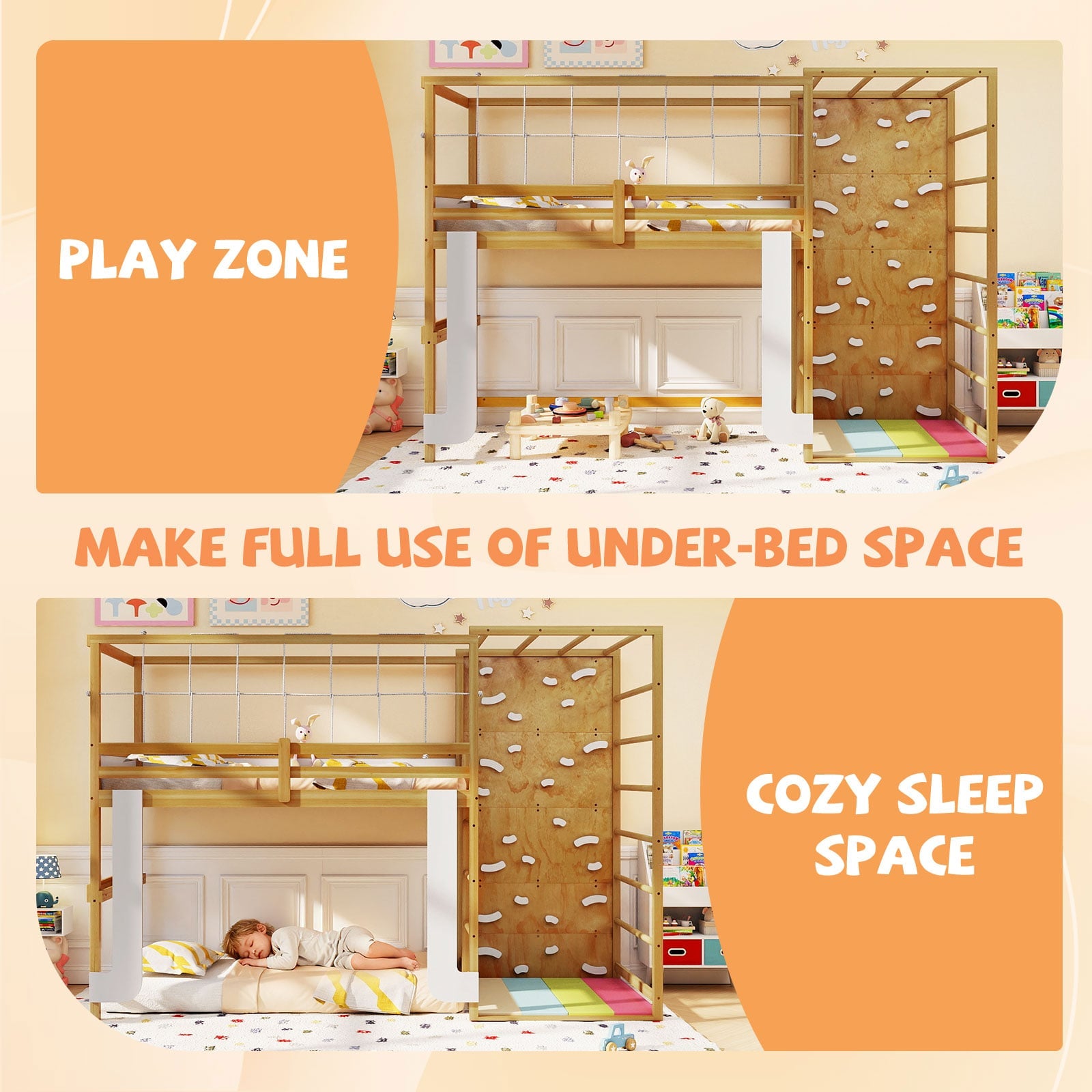Twin Bunk Bed With Jungle Gym, Wooden Loft Bed, Climbing Ladder, Natural Bunk Bed Frame at Gallery Canada