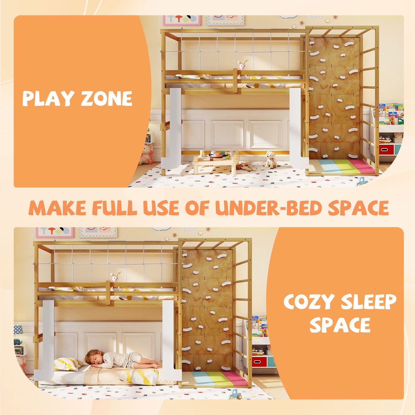 Twin Bunk Bed With Jungle Gym, Wooden Loft Bed, Climbing Ladder, Natural Bunk Bed Frame at Gallery Canada