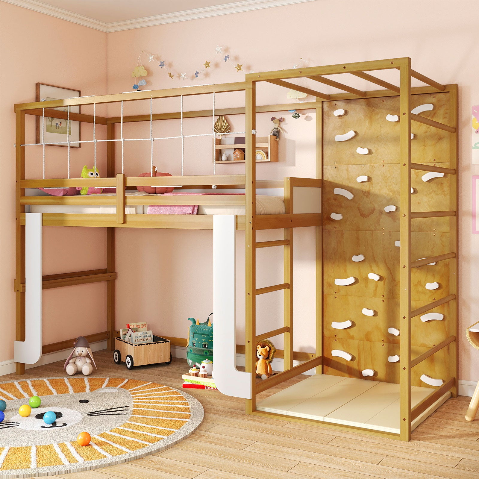 Twin Bunk Bed With Jungle Gym, Wooden Loft Bed, Climbing Ladder, Natural Bunk Bed Frame at Gallery Canada