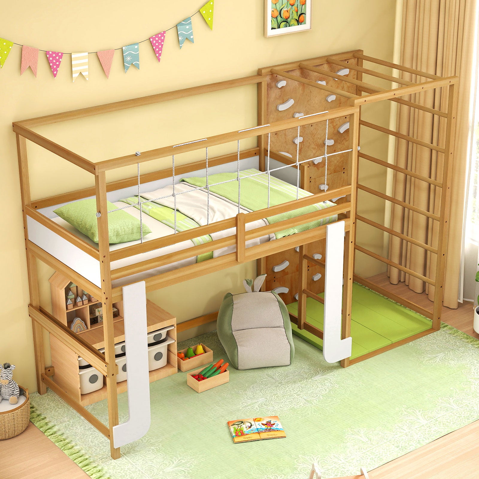 Twin Bunk Bed With Jungle Gym, Wooden Loft Bed, Climbing Ladder, Natural Bunk Bed Frame at Gallery Canada