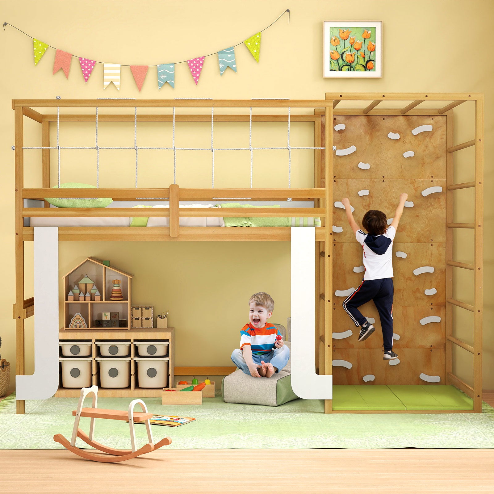 Twin Bunk Bed With Jungle Gym, Wooden Loft Bed, Climbing Ladder, Natural Bunk Bed Frame at Gallery Canada