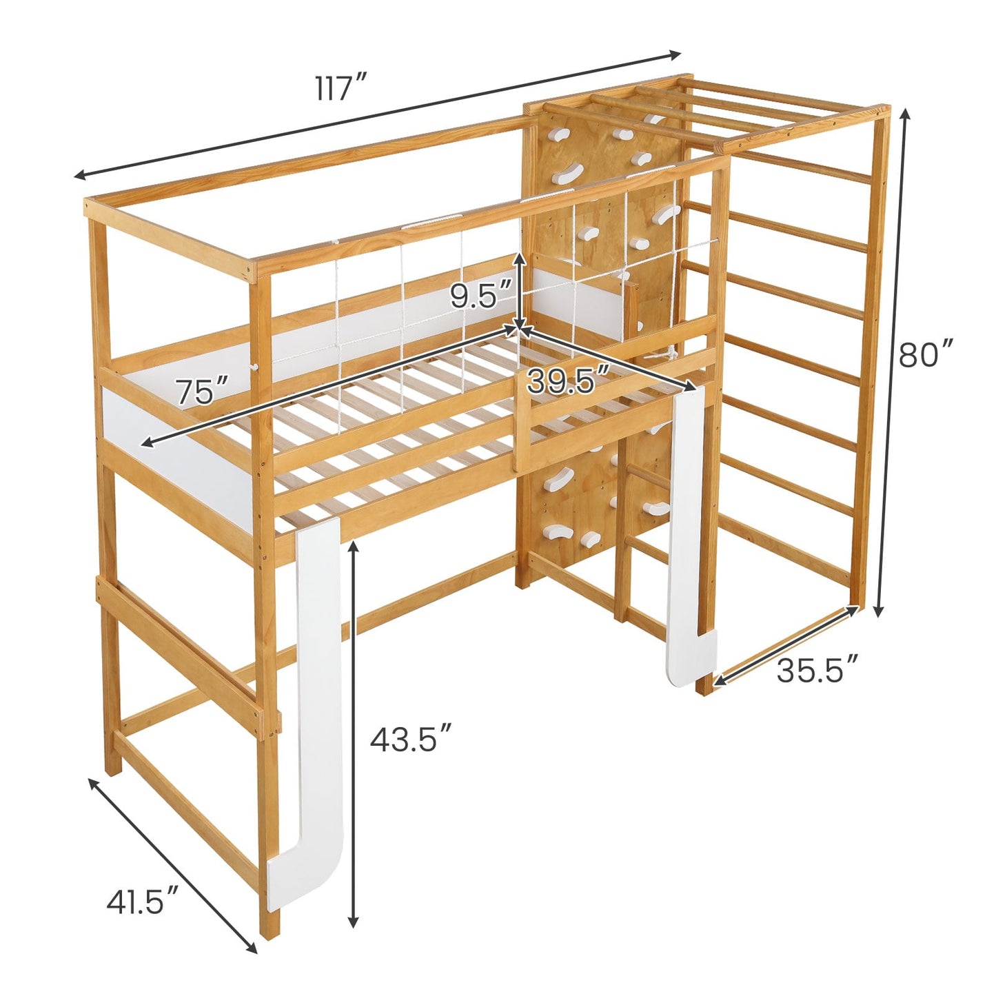 Twin Bunk Bed With Jungle Gym, Wooden Loft Bed, Climbing Ladder, Natural Bunk Bed Frame at Gallery Canada