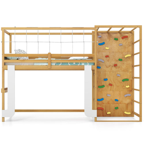 Twin Bunk Bed With Jungle Gym, Wooden Loft Bed, Climbing Ladder, Natural