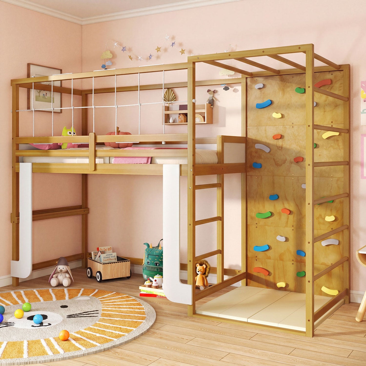 Twin Bunk Bed With Jungle Gym, Wooden Loft Bed, Climbing Ladder, Natural Bunk Bed Frame at Gallery Canada