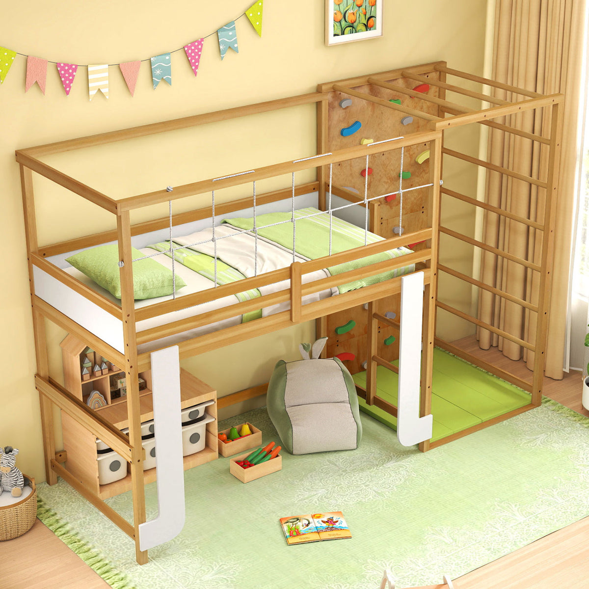 Twin Bunk Bed With Jungle Gym, Wooden Loft Bed, Climbing Ladder, Natural Bunk Bed Frame at Gallery Canada