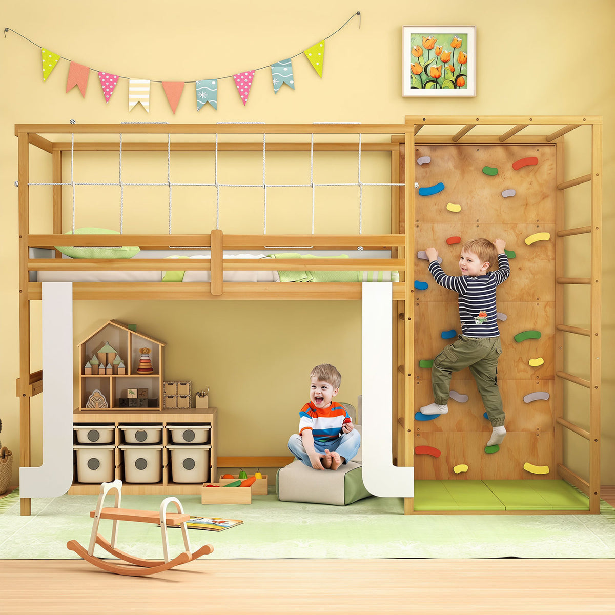 Twin Bunk Bed With Jungle Gym, Wooden Loft Bed, Climbing Ladder, Natural Bunk Bed Frame at Gallery Canada