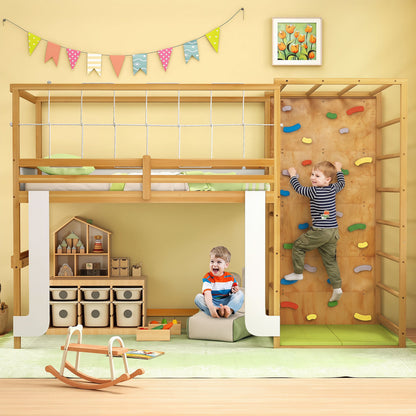 Twin Bunk Bed With Jungle Gym, Wooden Loft Bed, Climbing Ladder, Natural Bunk Bed Frame at Gallery Canada