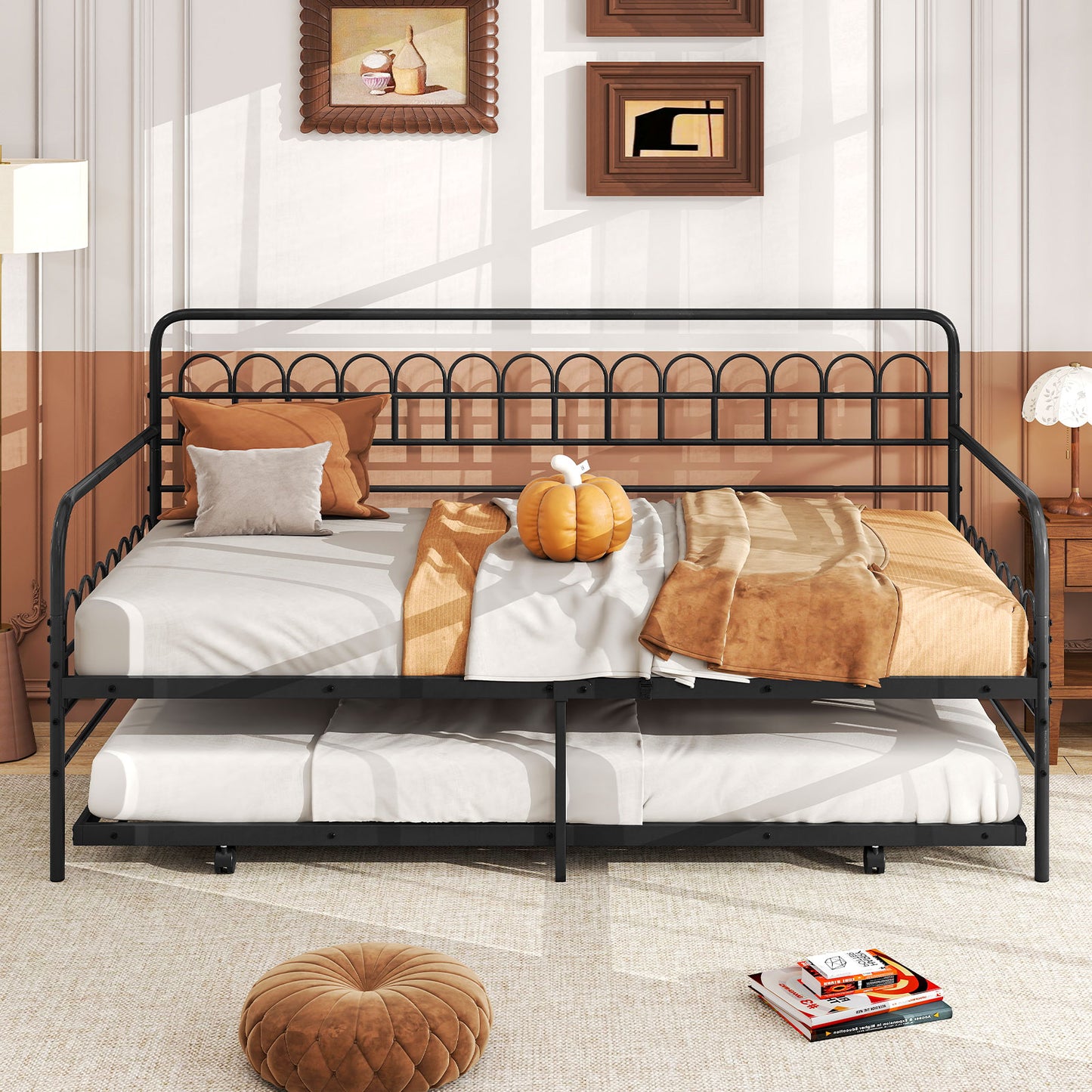 Twin Daybed with Curved Backrest and Armrests, Black Trundle Bed Frame at Gallery Canada