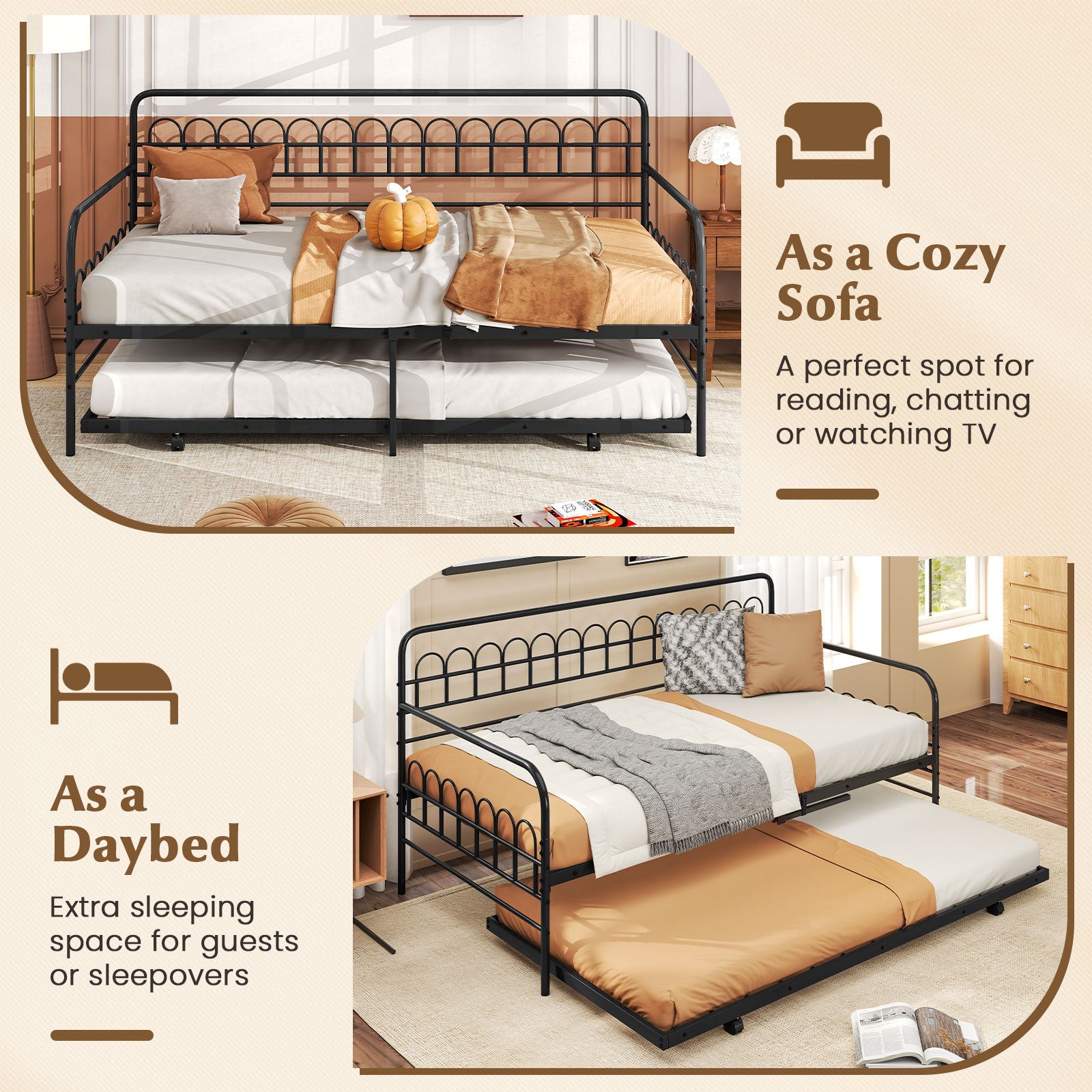 Twin Daybed with Curved Backrest and Armrests, Black Trundle Bed Frame at Gallery Canada