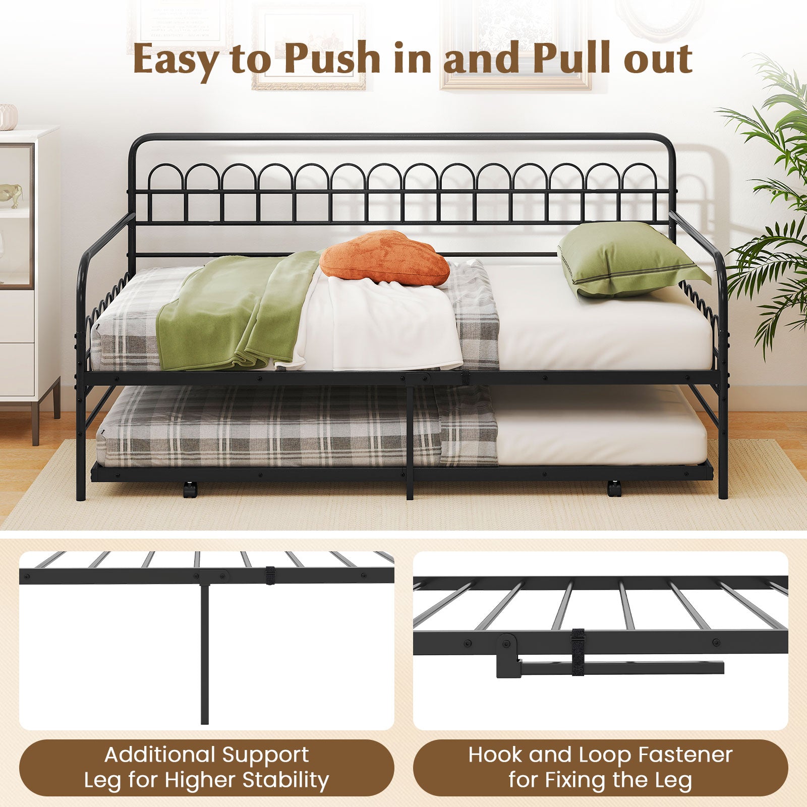 Twin Daybed with Curved Backrest and Armrests, Black Trundle Bed Frame at Gallery Canada