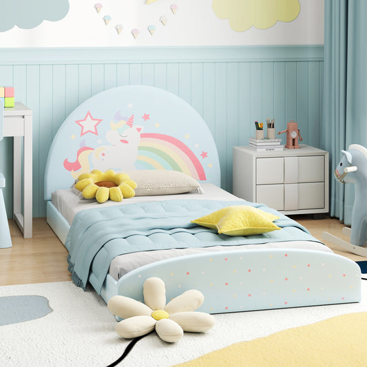 Twin Floor Bed Frame Upholstered Twin Size Kids Floor Bed with 210D Oxford Cloth Floor Mat, Blue Toddler Beds Blue at Gallery Canada
