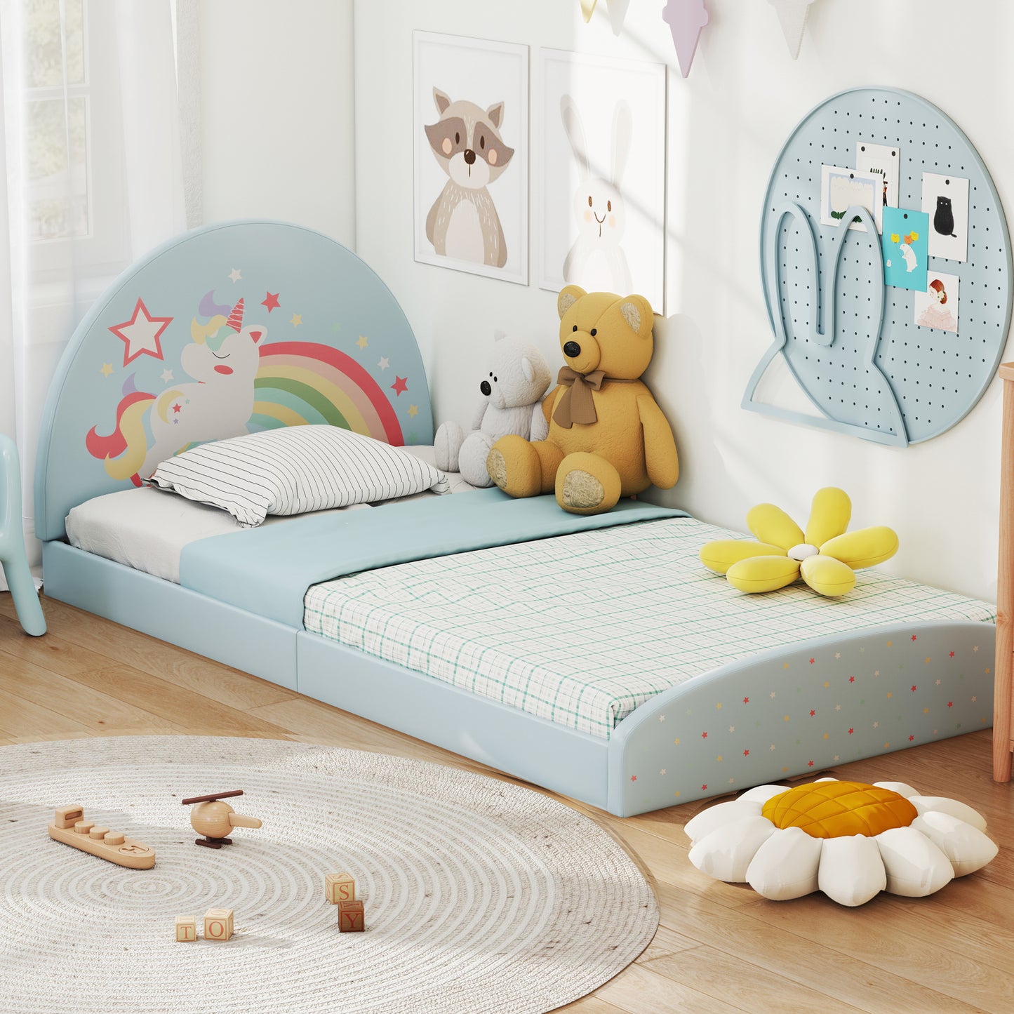 Twin Floor Bed Frame Upholstered Twin Size Kids Floor Bed with 210D Oxford Cloth Floor Mat, Blue Toddler Beds at Gallery Canada