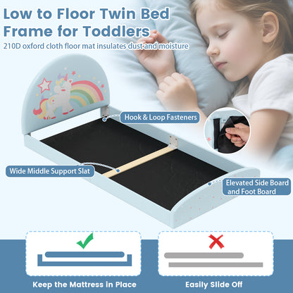 Twin Floor Bed Frame Upholstered Twin Size Kids Floor Bed with 210D Oxford Cloth Floor Mat, Blue Toddler Beds at Gallery Canada