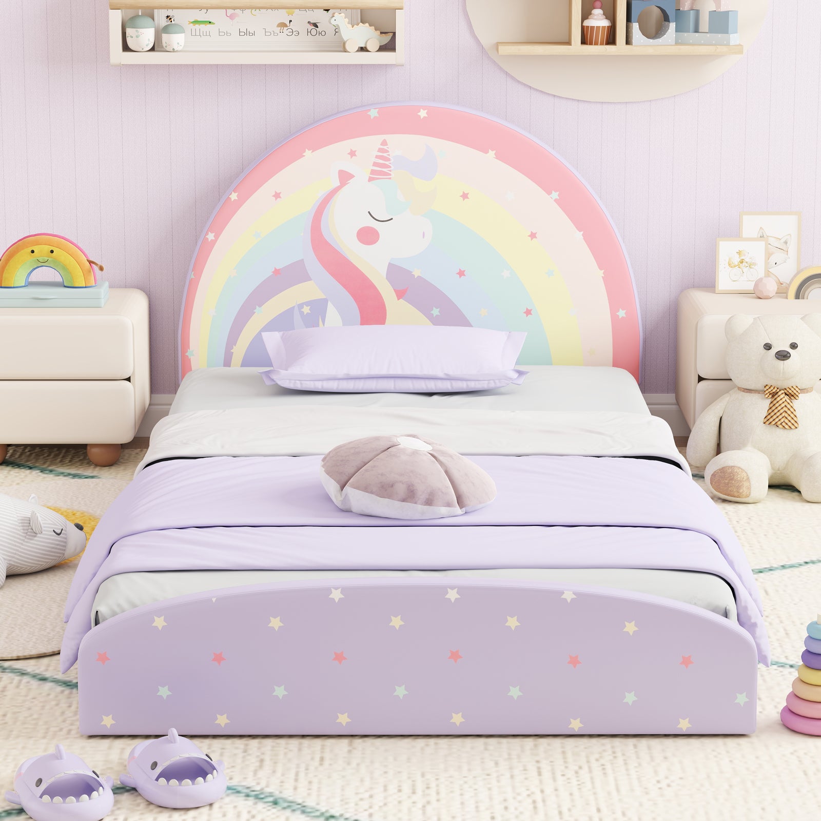 Twin Floor Bed Frame Upholstered Twin Size Kids Floor Bed with 210D Oxford Cloth Floor Mat, Purple Toddler Beds at Gallery Canada