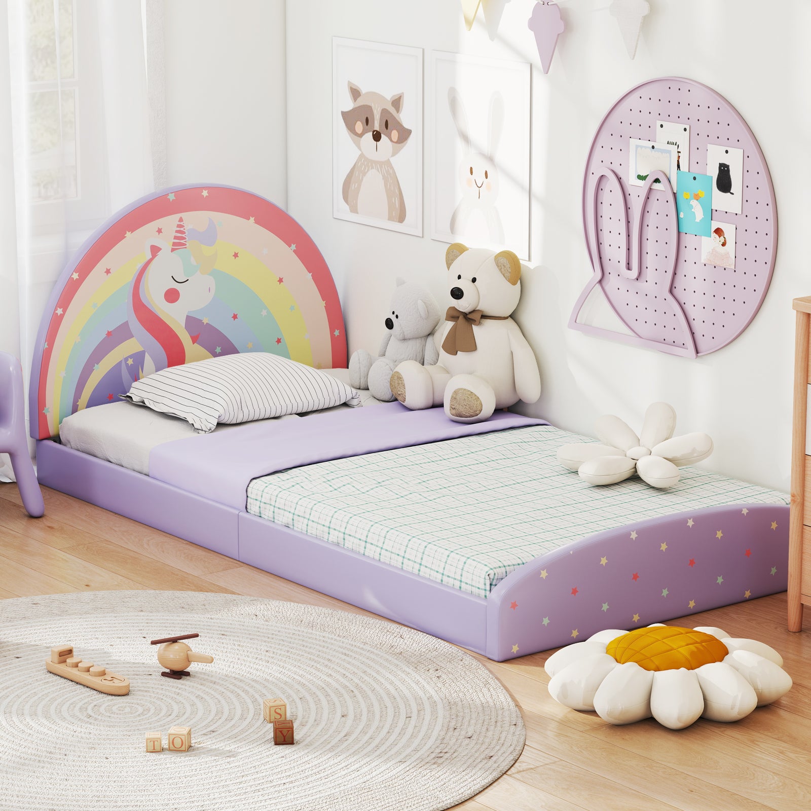 Twin Floor Bed Frame Upholstered Twin Size Kids Floor Bed with 210D Oxford Cloth Floor Mat, Purple Toddler Beds at Gallery Canada