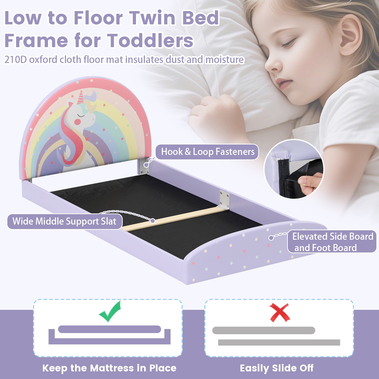 Twin Floor Bed Frame Upholstered Twin Size Kids Floor Bed with 210D Oxford Cloth Floor Mat, Purple Toddler Beds at Gallery Canada