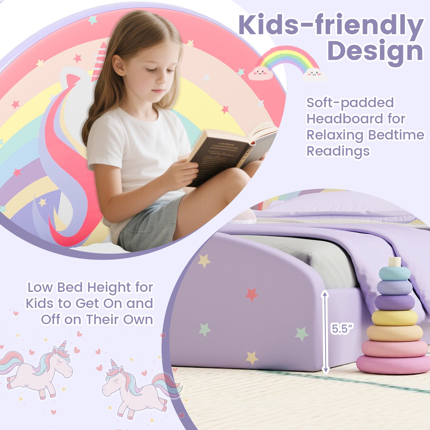 Twin Floor Bed Frame Upholstered Twin Size Kids Floor Bed with 210D Oxford Cloth Floor Mat, Purple Toddler Beds at Gallery Canada