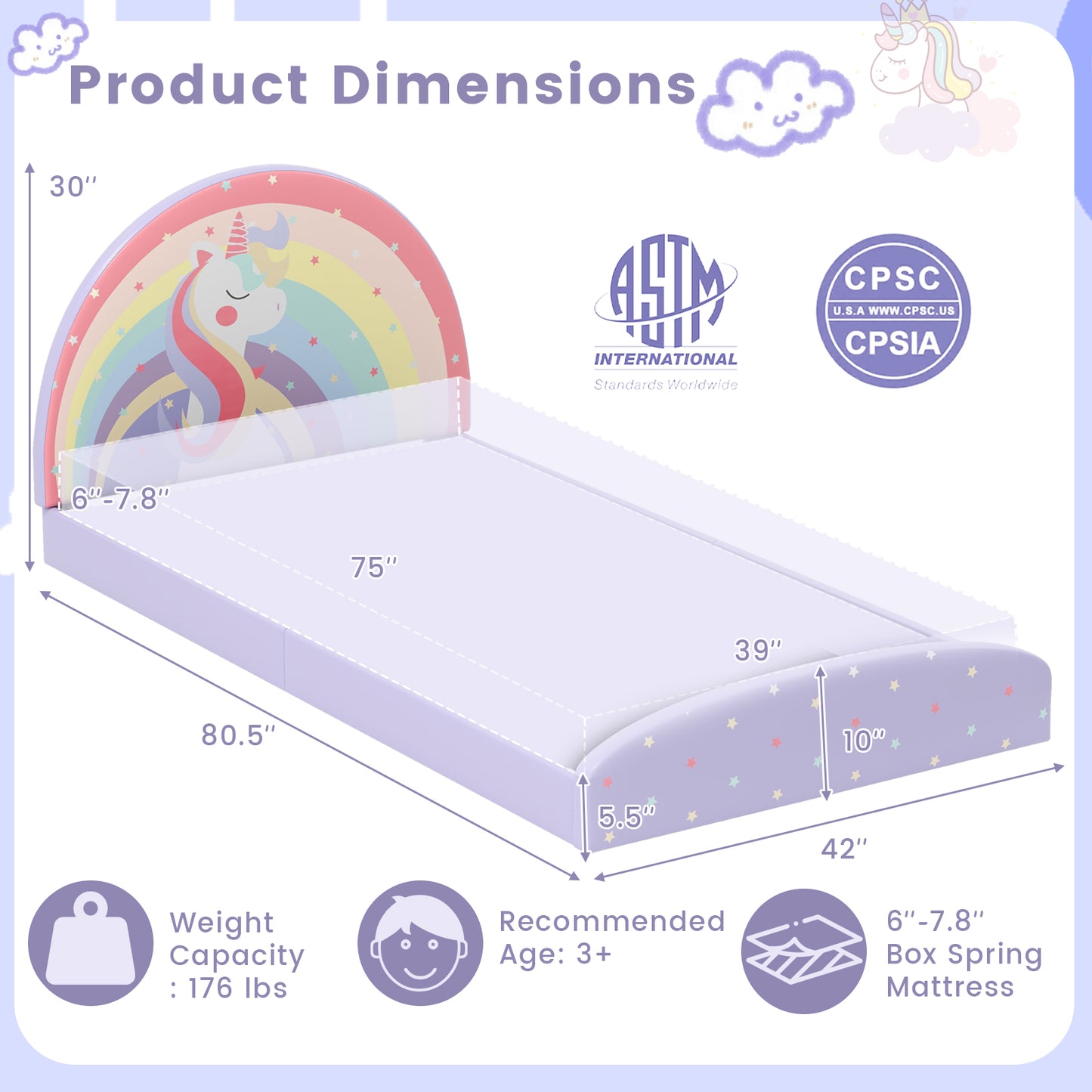 Twin Floor Bed Frame Upholstered Twin Size Kids Floor Bed with 210D Oxford Cloth Floor Mat, Purple Toddler Beds at Gallery Canada