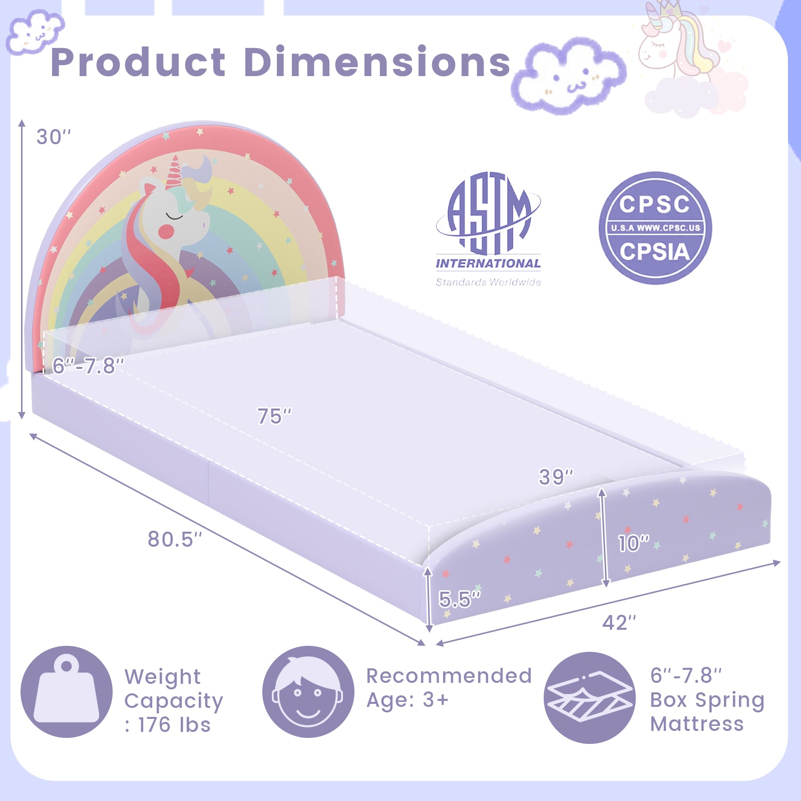 Twin Floor Bed Frame Upholstered Twin Size Kids Floor Bed with 210D Oxford Cloth Floor Mat, Purple Toddler Beds at Gallery Canada