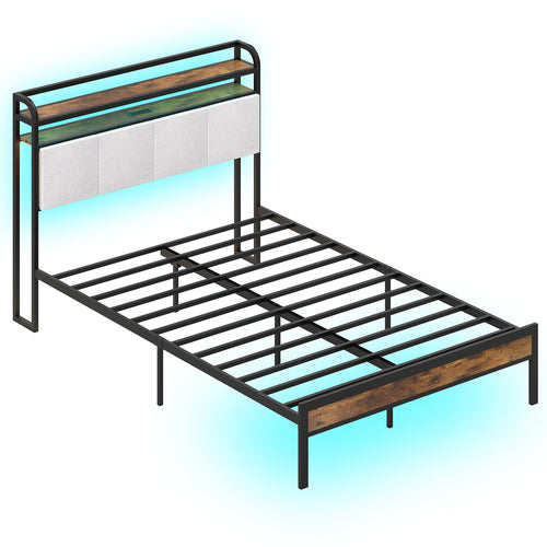 Full Size Bed Frame With Led Light, Charging Station, Gray