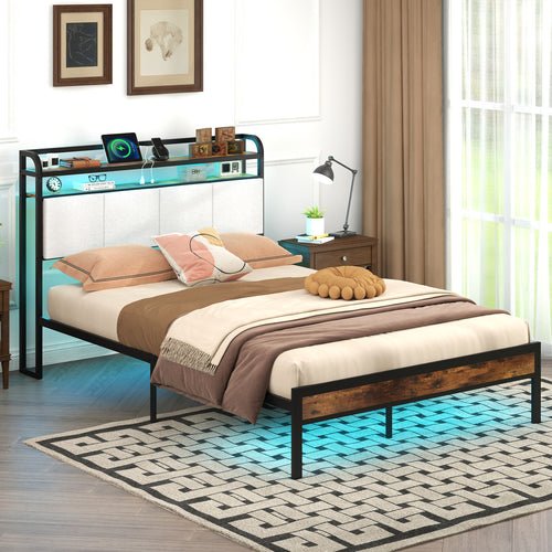 Full Size Bed Frame With Led Light, Charging Station, Gray