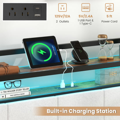 Cadre de lit double avec éclairage LED, station de recharge, gris