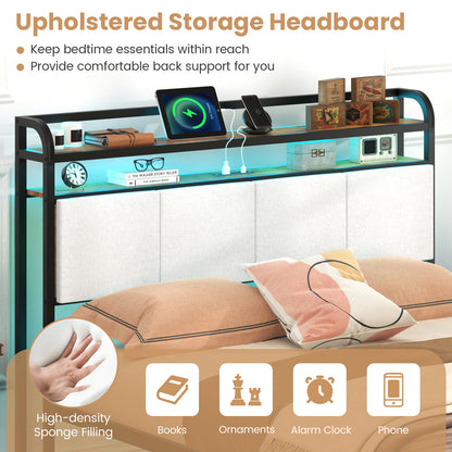 Cadre de lit double avec éclairage LED, station de recharge, gris