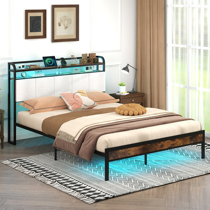 Queen Size Bed Frame With LED Light, Charging Station, Gray Simple Bed Frame at Gallery Canada