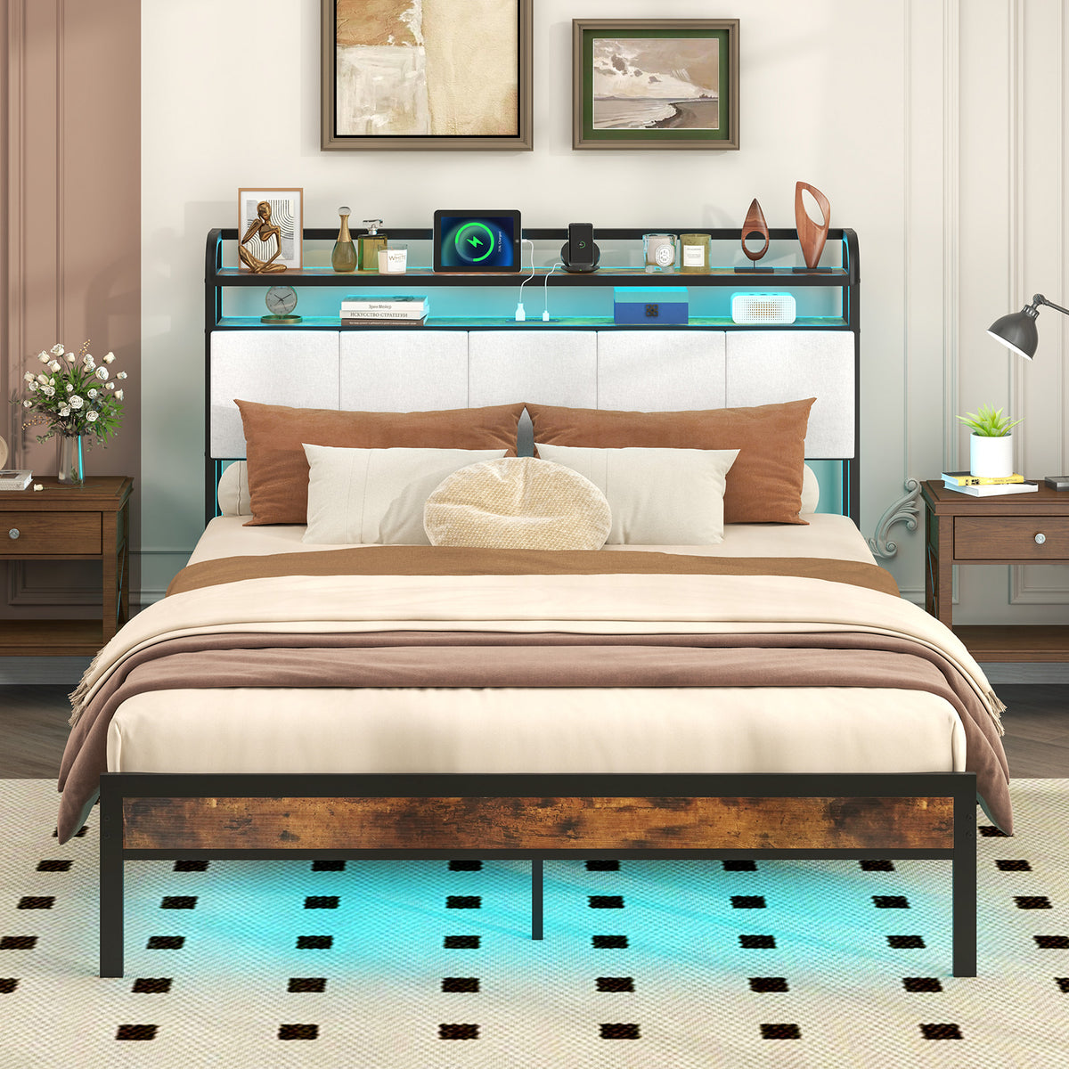 Queen Size Bed Frame With LED Light, Charging Station, Gray Simple Bed Frame at Gallery Canada