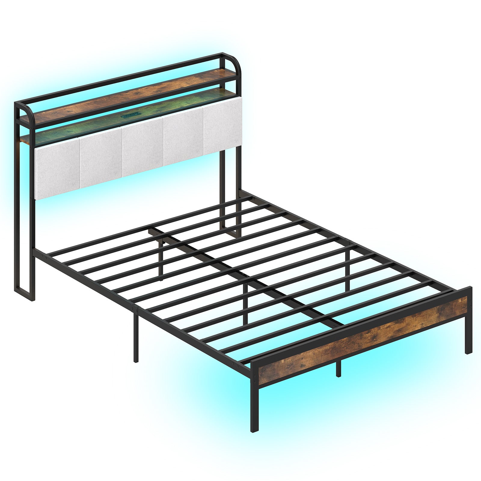 Queen Size Bed Frame With LED Light, Charging Station, Gray Simple Bed Frame at Gallery Canada