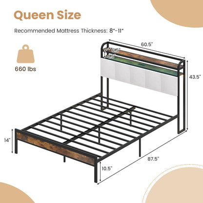 Queen Size Bed Frame With LED Light, Charging Station, Gray Simple Bed Frame at Gallery Canada