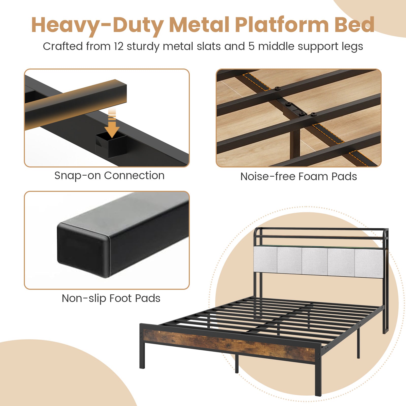 Queen Size Bed Frame With LED Light, Charging Station, Gray Simple Bed Frame at Gallery Canada