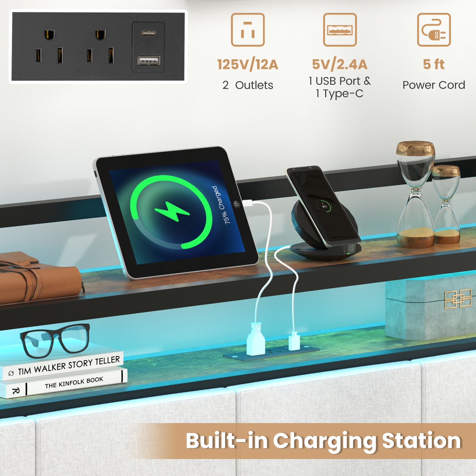 Queen Size Bed Frame With LED Light, Charging Station, Gray Simple Bed Frame at Gallery Canada