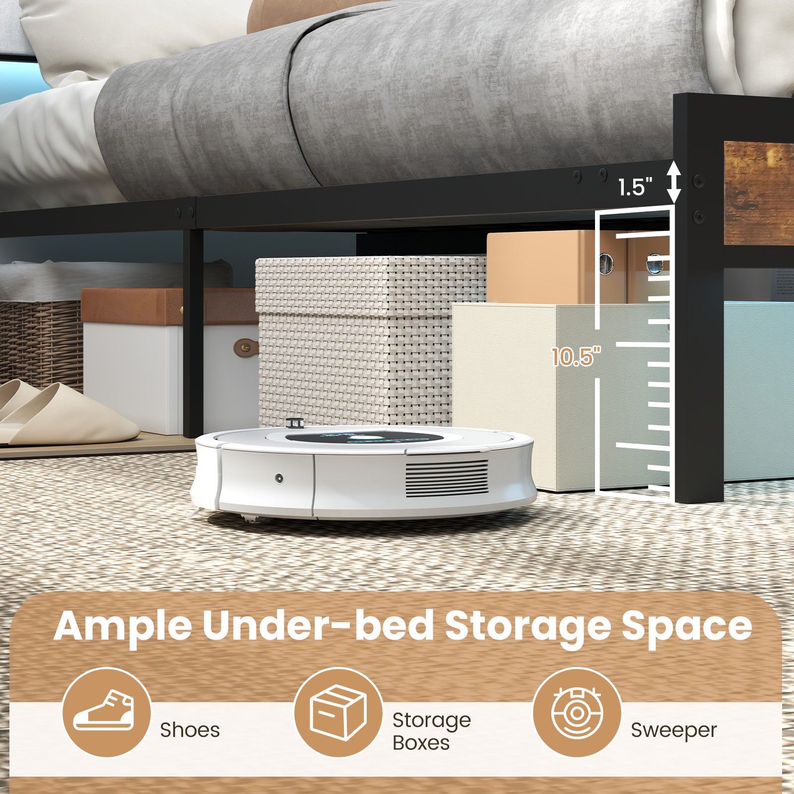 Queen Size Bed Frame With LED Light, Charging Station, Gray Simple Bed Frame at Gallery Canada