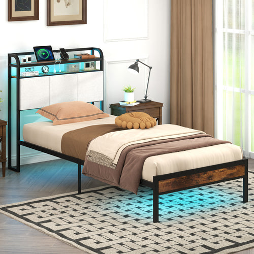 Twin Size Bed Frame With LED Light, Charging Station, Gray
