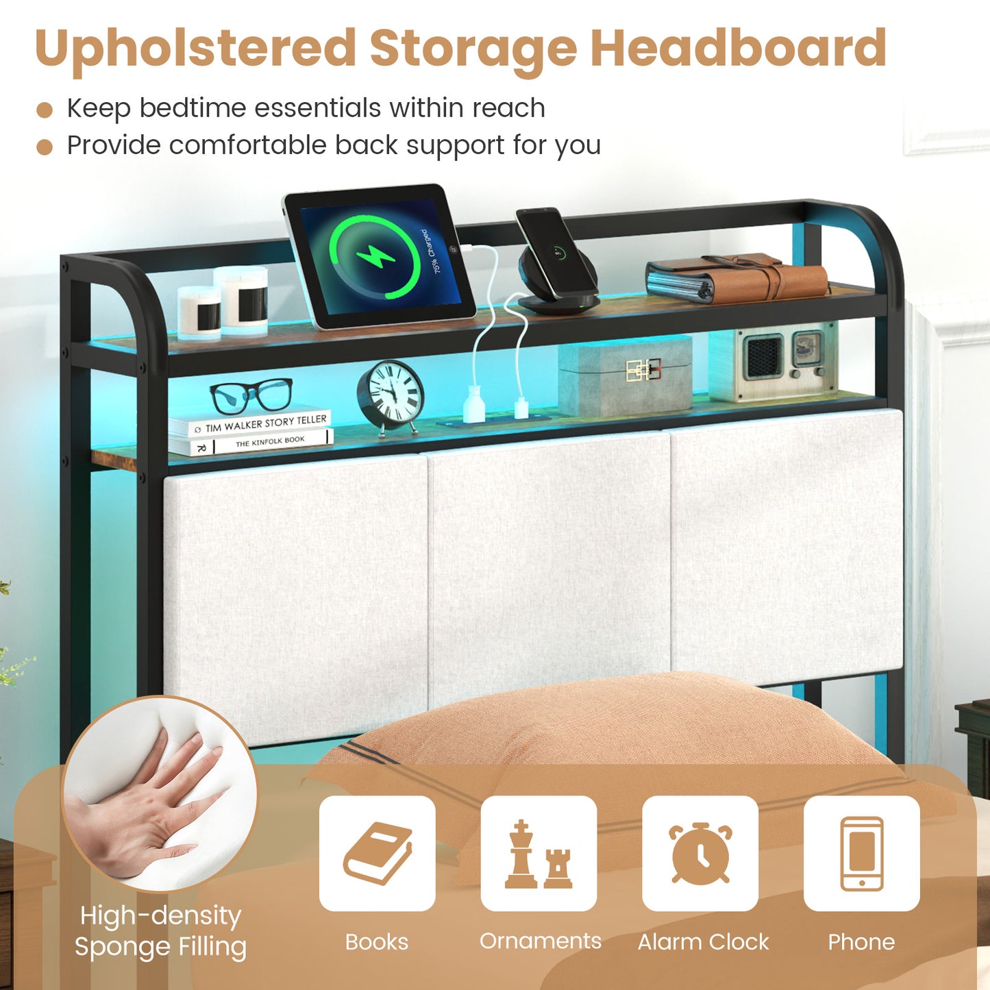 Cadre de lit jumeau avec lumière LED, station de recharge, gris