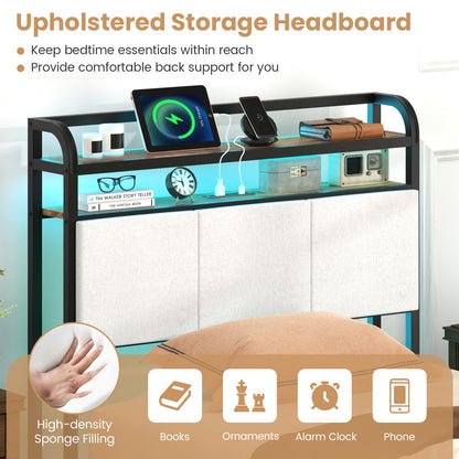 Cadre de lit jumeau avec lumière LED, station de recharge, gris