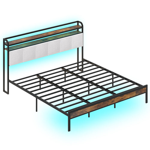 King Size Bed Frame With LED Light, Charging Station, Gray