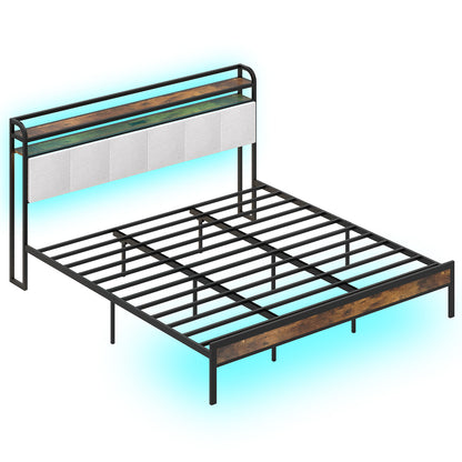 King Size Bed Frame With LED Light, Charging Station, Gray
