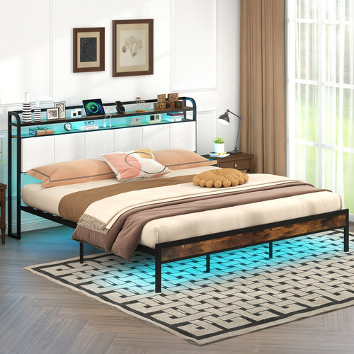 King Size Bed Frame With LED Light, Charging Station, Gray
