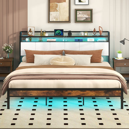 Cadre de lit King Size avec éclairage LED, station de recharge, gris