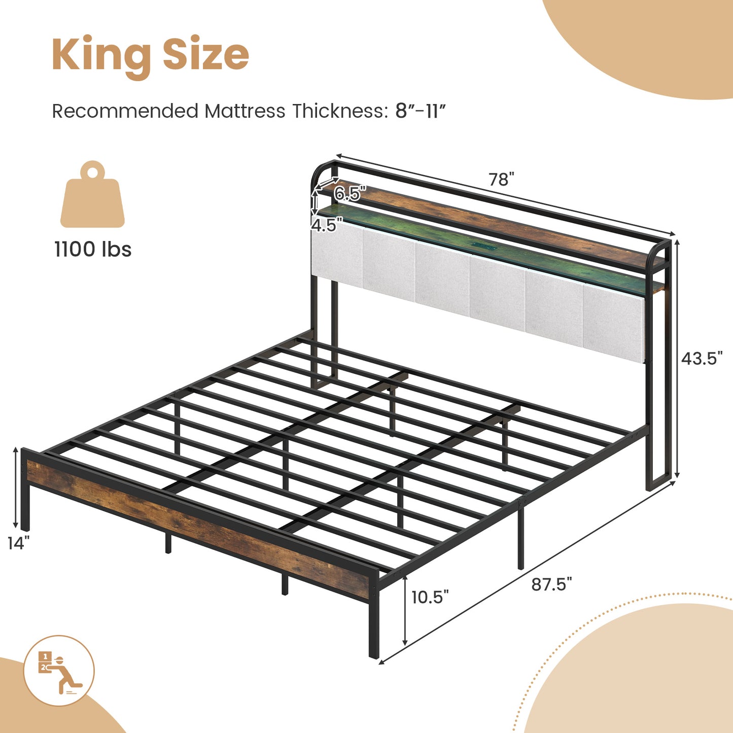 Cadre de lit King Size avec éclairage LED, station de recharge, gris