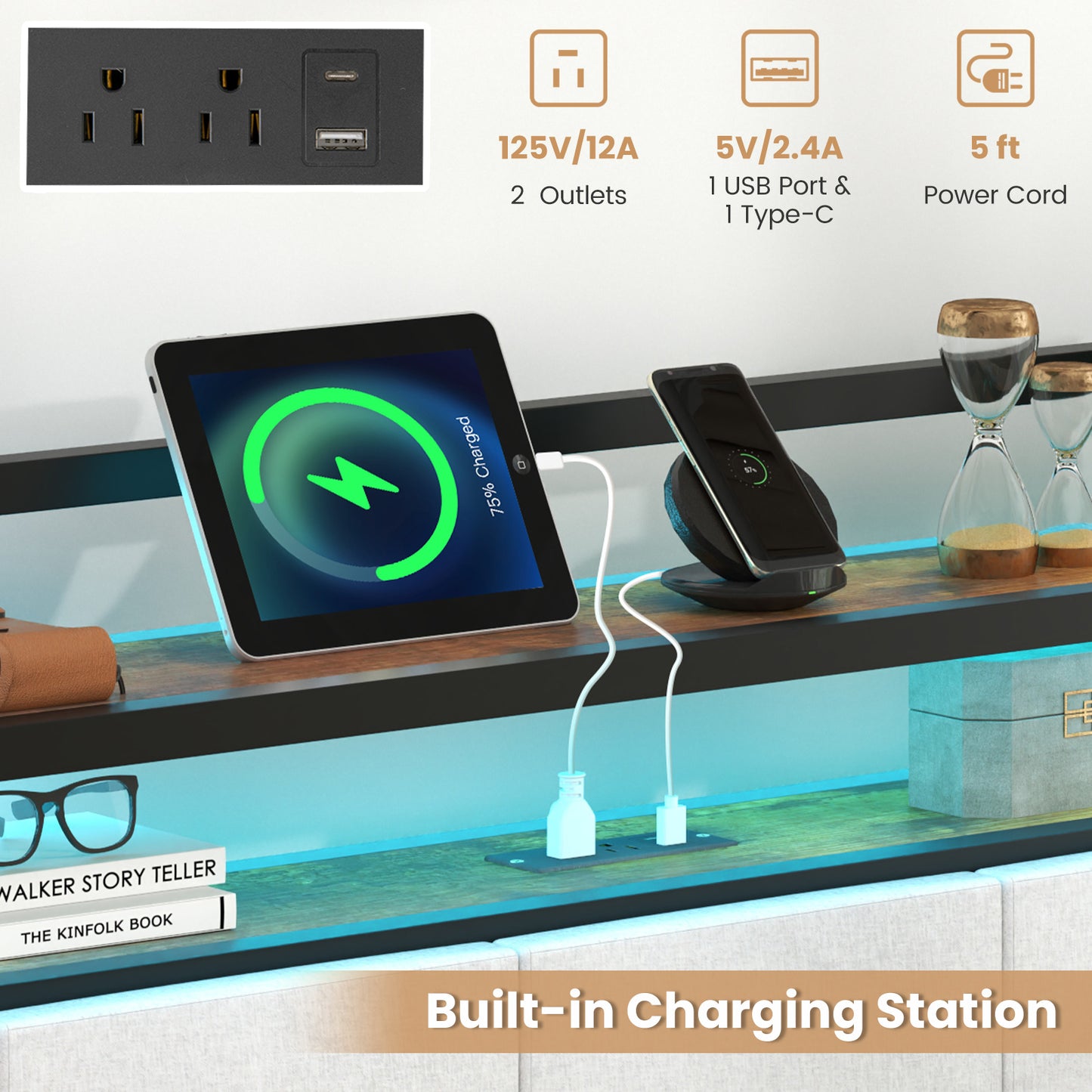 Cadre de lit King Size avec éclairage LED, station de recharge, gris