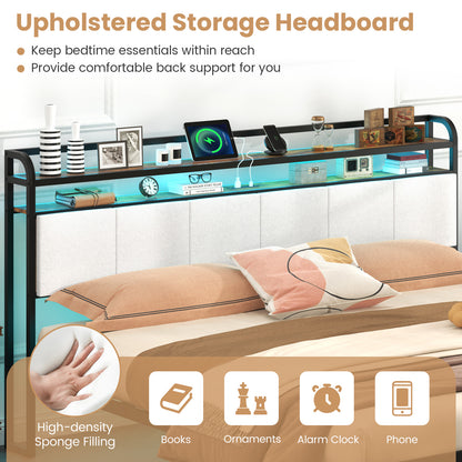 Cadre de lit King Size avec éclairage LED, station de recharge, gris