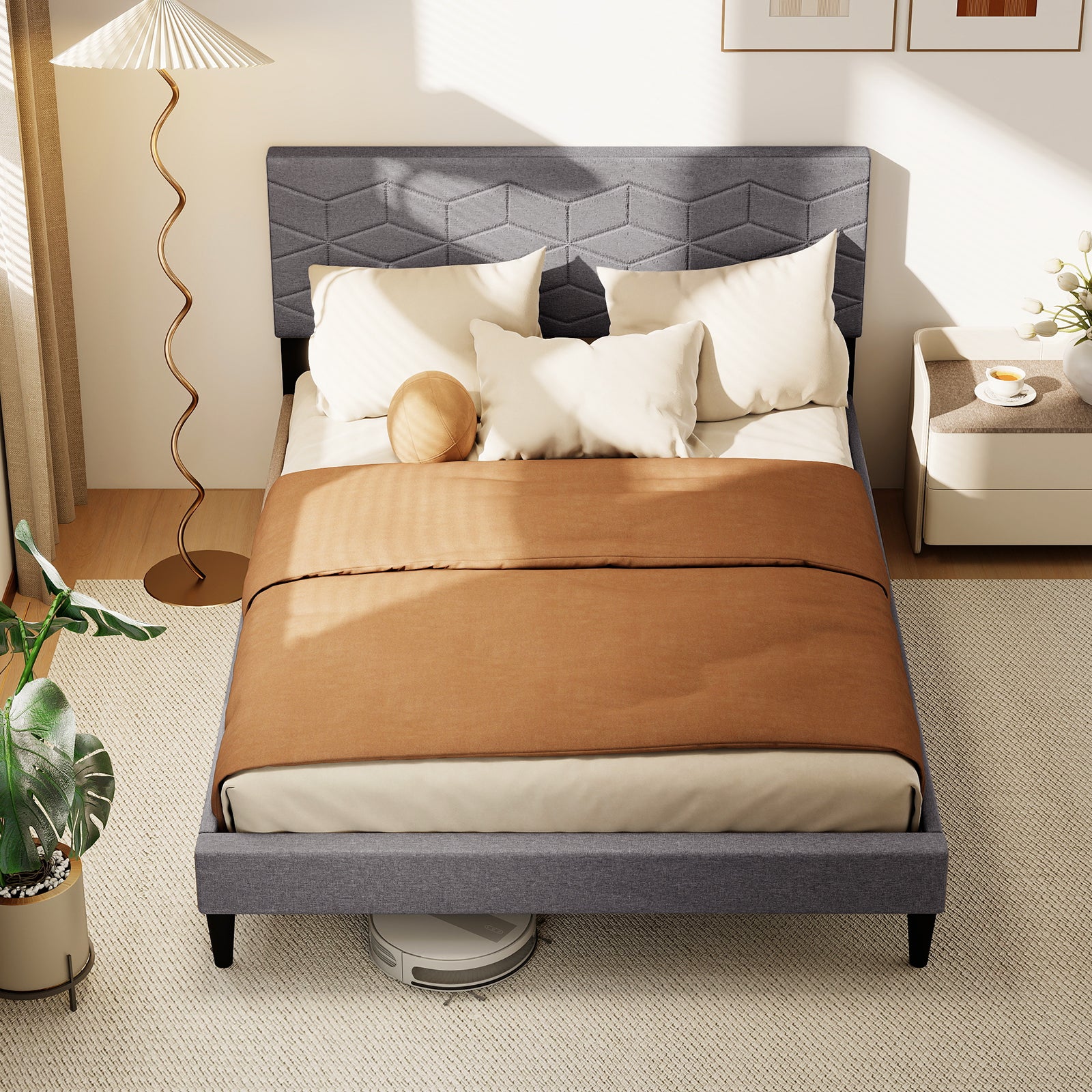 Twin/Full/Queen Size Bed Frame Modern Platform Bed with Linen Fabric Upholstered Headboard-Full, Gray Simple Bed Frame at Gallery Canada