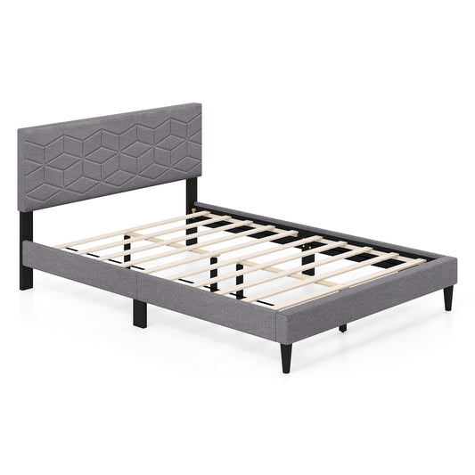 Modern Platform Bed Frame, Full Size, Linen Fabric Headboard, Gray
