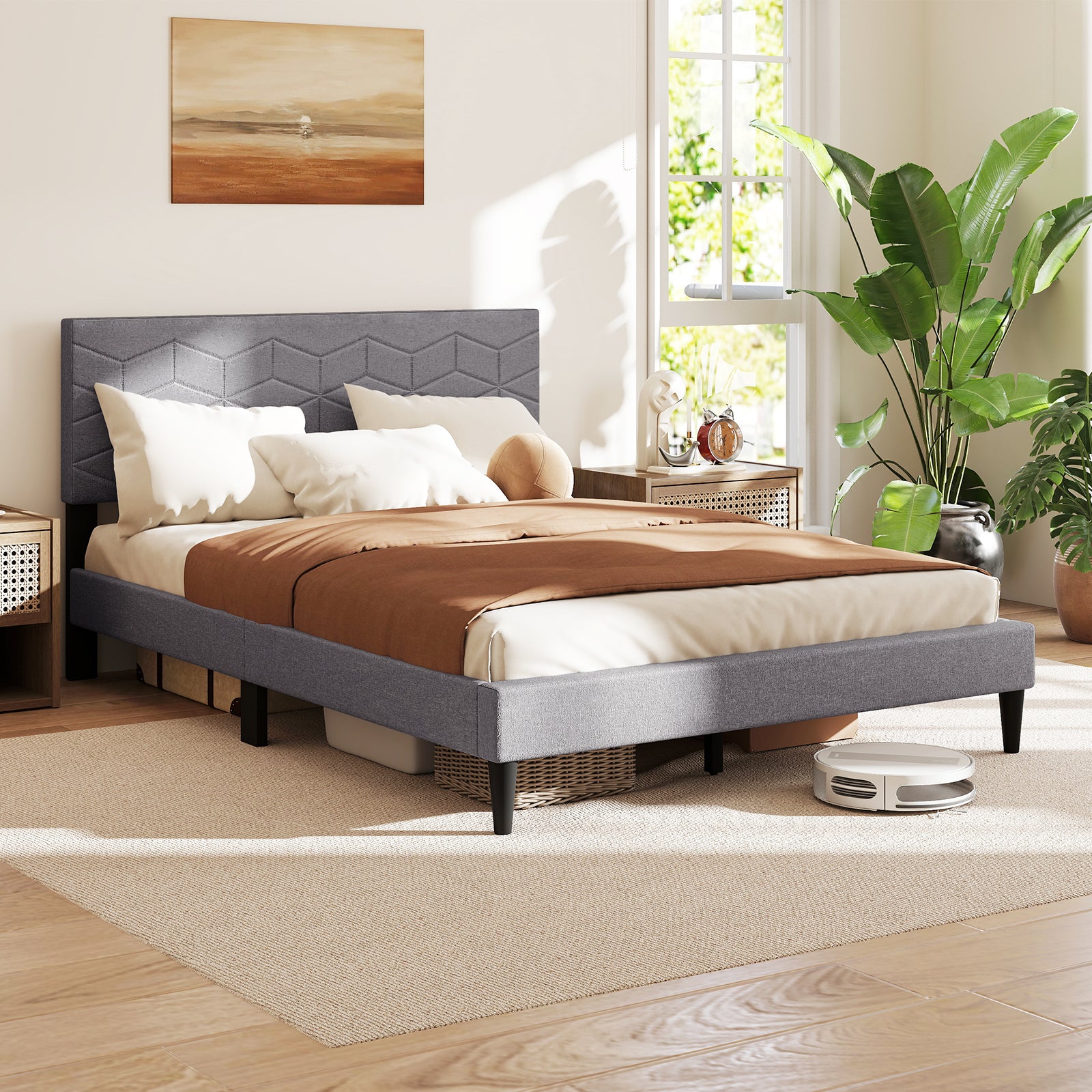 Twin/Full/Queen Size Bed Frame Modern Platform Bed with Linen Fabric Upholstered Headboard-Full, Gray Simple Bed Frame at Gallery Canada
