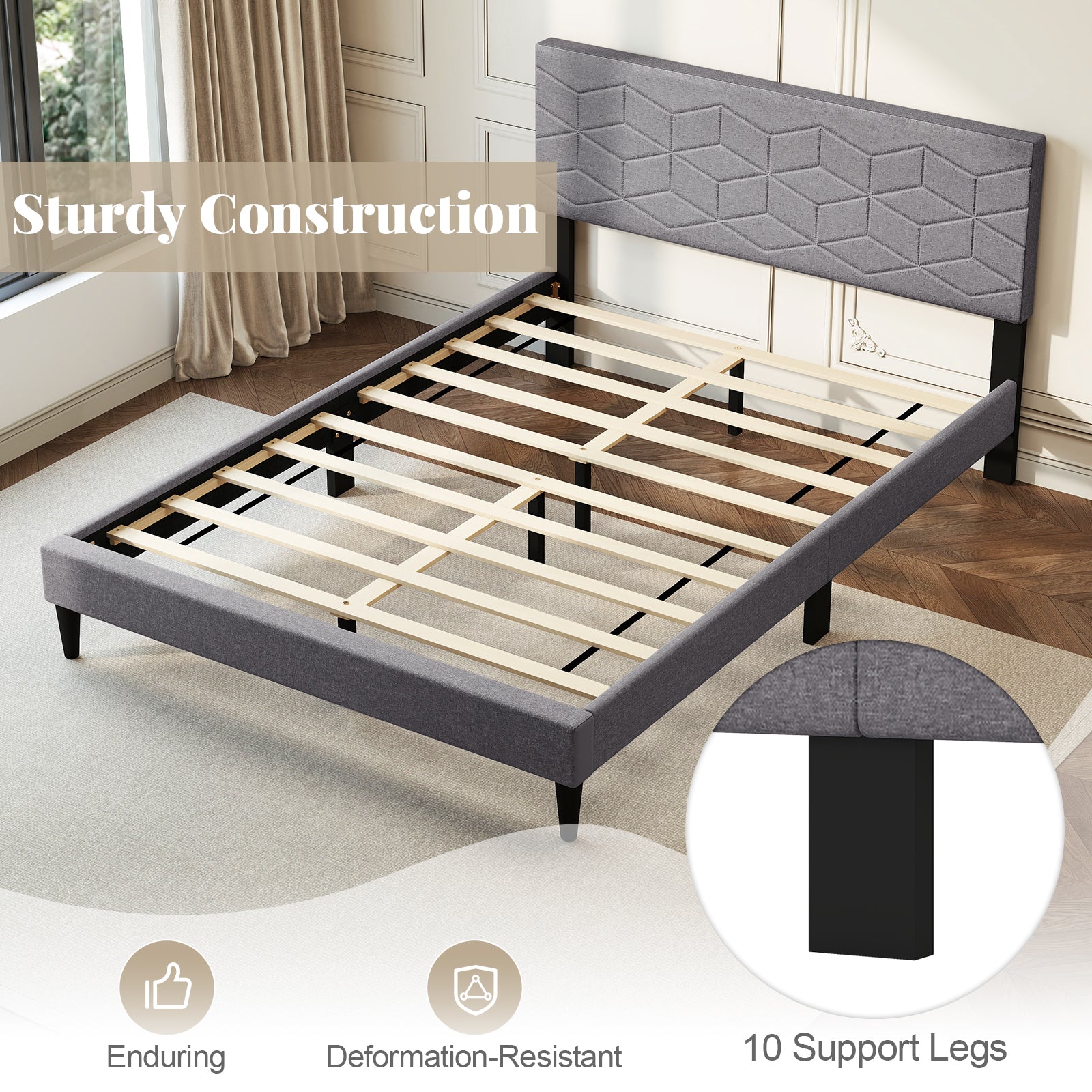 Twin/Full/Queen Size Bed Frame Modern Platform Bed with Linen Fabric Upholstered Headboard-Full, Gray Simple Bed Frame at Gallery Canada