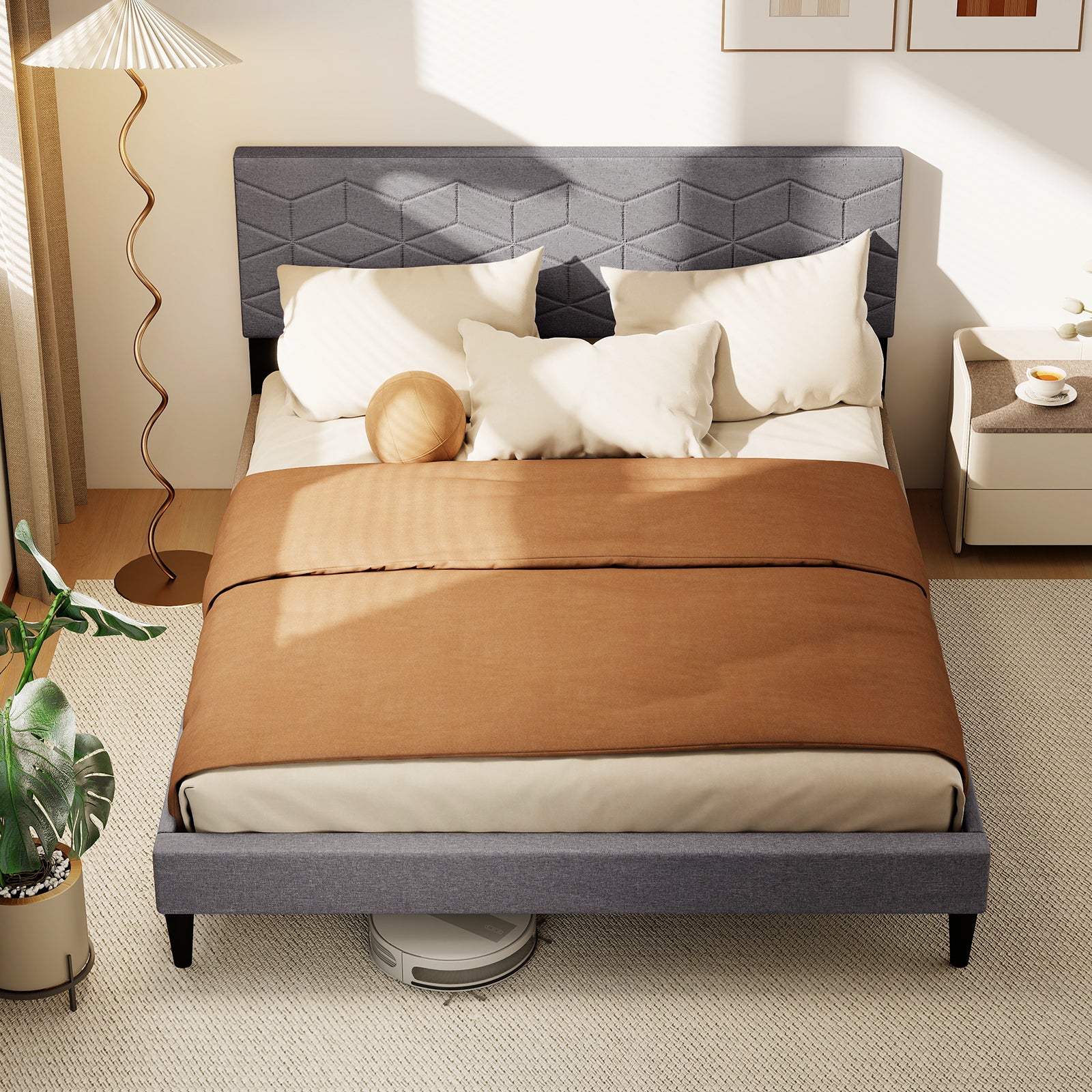 Twin/Full/Queen Size Bed Frame Modern Platform Bed with Linen Fabric Upholstered Headboard-Queen, Gray Simple Bed Frame at Gallery Canada