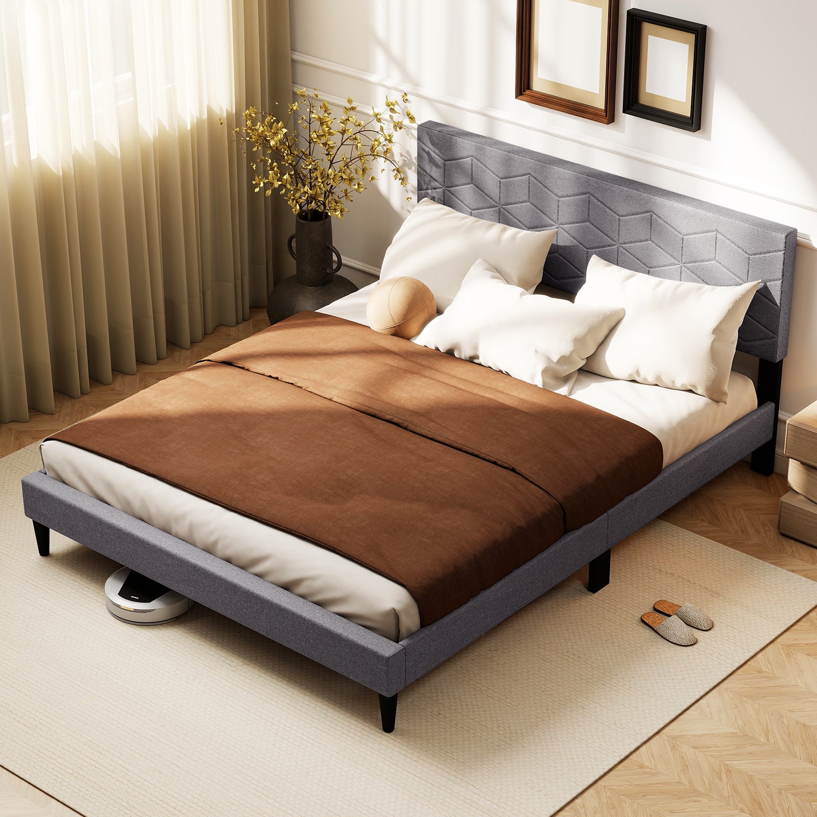 Twin/Full/Queen Size Bed Frame Modern Platform Bed with Linen Fabric Upholstered Headboard-Queen, Gray Simple Bed Frame at Gallery Canada